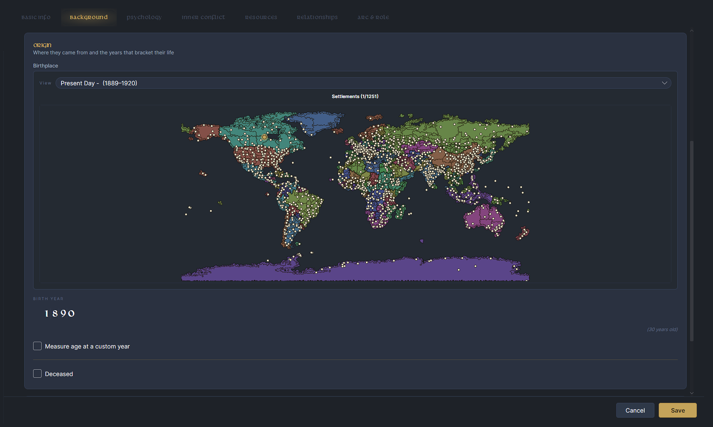 Character builder, Background tab: birthplace on a world map and the years that bracket a life.