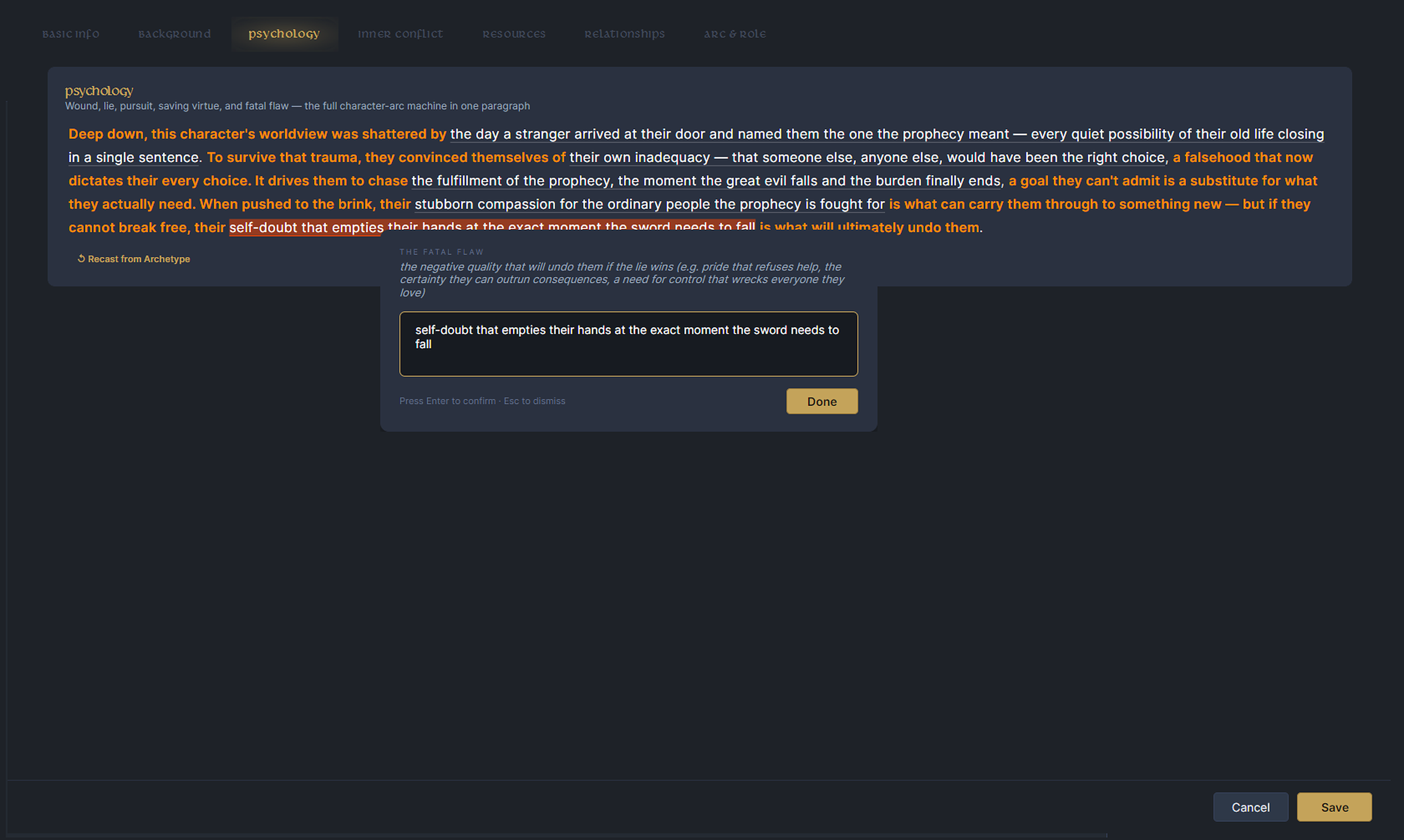 Character builder, Psychology tab: the character's mind and temperament.